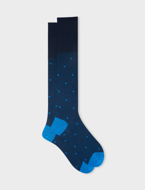 Men's long ocean blue/topaz cotton socks with polka dots on iridescent base | Gallo 1927 - Official Online Shop