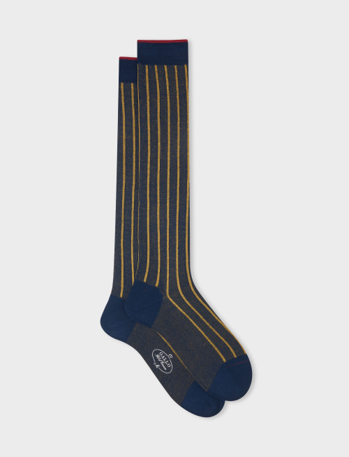 Men's long ocean blue/gold socks in spaced twin-rib cotton - Twin rib | Gallo 1927 - Official Online Shop