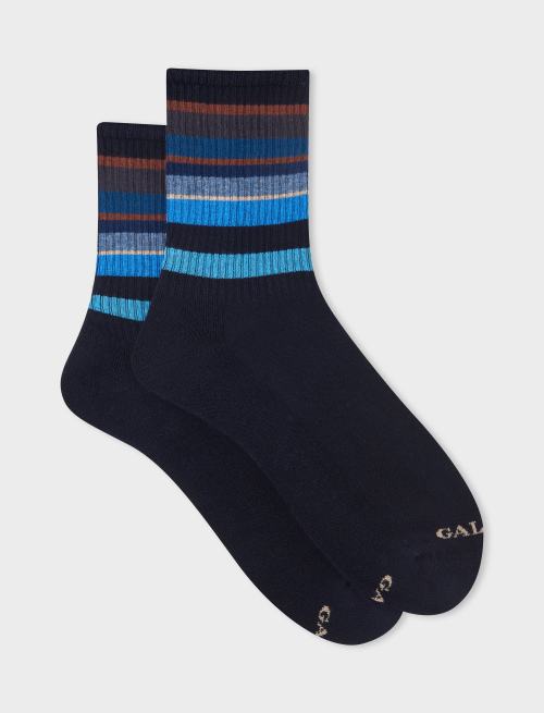 Men's short socks in blue cotton terry cloth with multicoloured stripes - Socks | Gallo 1927 - Official Online Shop