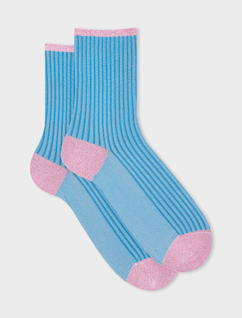 Women's short raffia/petroleum blue polyamide and lurex socks with twin rib - Twin rib | Gallo 1927 - Official Online Shop