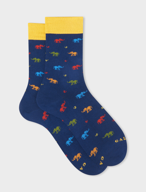 Men's short English blue cotton socks with elephant and mouse motif - Socks | Gallo 1927 - Official Online Shop