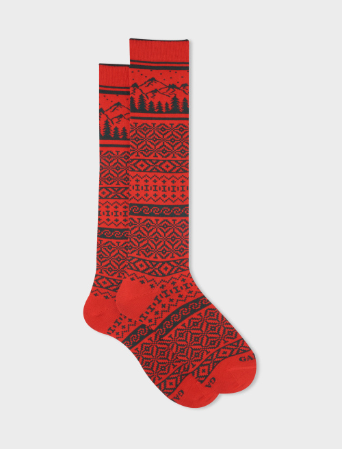 Men's long red cotton socks with decorative Christmas motif - Man | Gallo 1927 - Official Online Shop