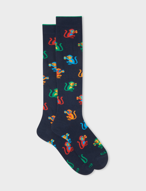 Women's long navy cotton socks with colourful monkey motif - Socks | Gallo 1927 - Official Online Shop