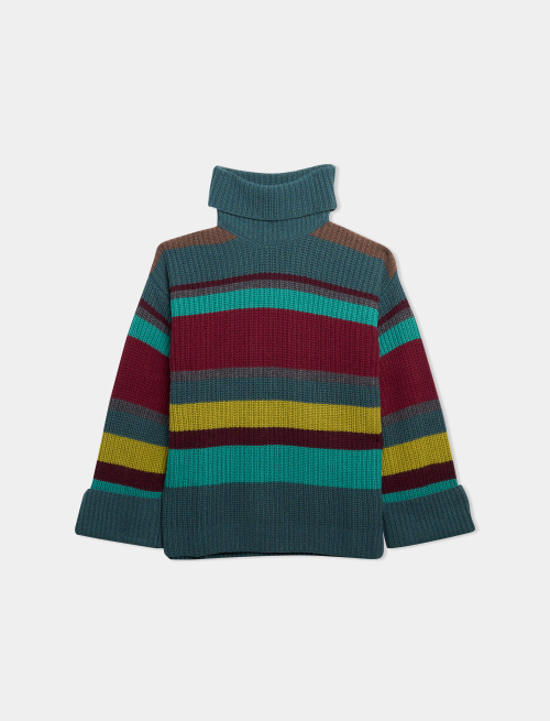 Women's duck blue wool, viscose and cashmere turtleneck with multicoloured stripes - Clothing | Gallo 1927 - Official Online Shop