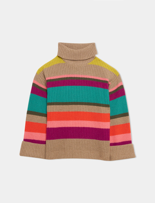 Women's bread beige wool, viscose and cashmere turtleneck with multicoloured stripes - Clothing | Gallo 1927 - Official Online Shop