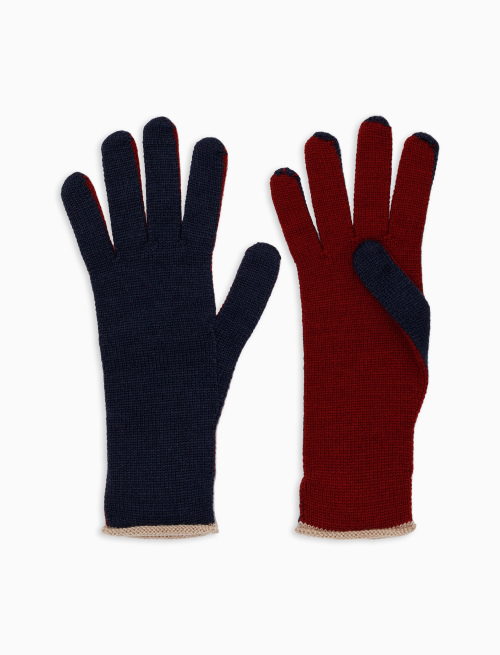 Women's plain blue wool, silk and cashmere gloves with contrasting details - Accessories | Gallo 1927 - Official Online Shop