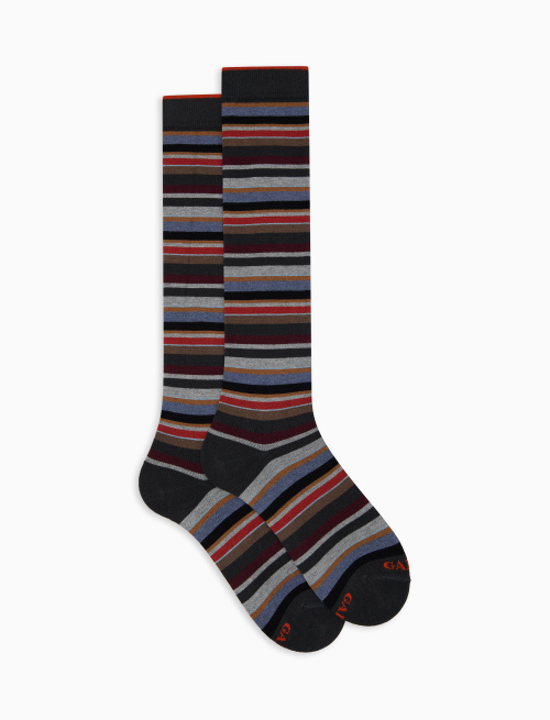 Women's long grey cotton and cashmere socks with multicoloured micro stripes - Socks | Gallo 1927 - Official Online Shop