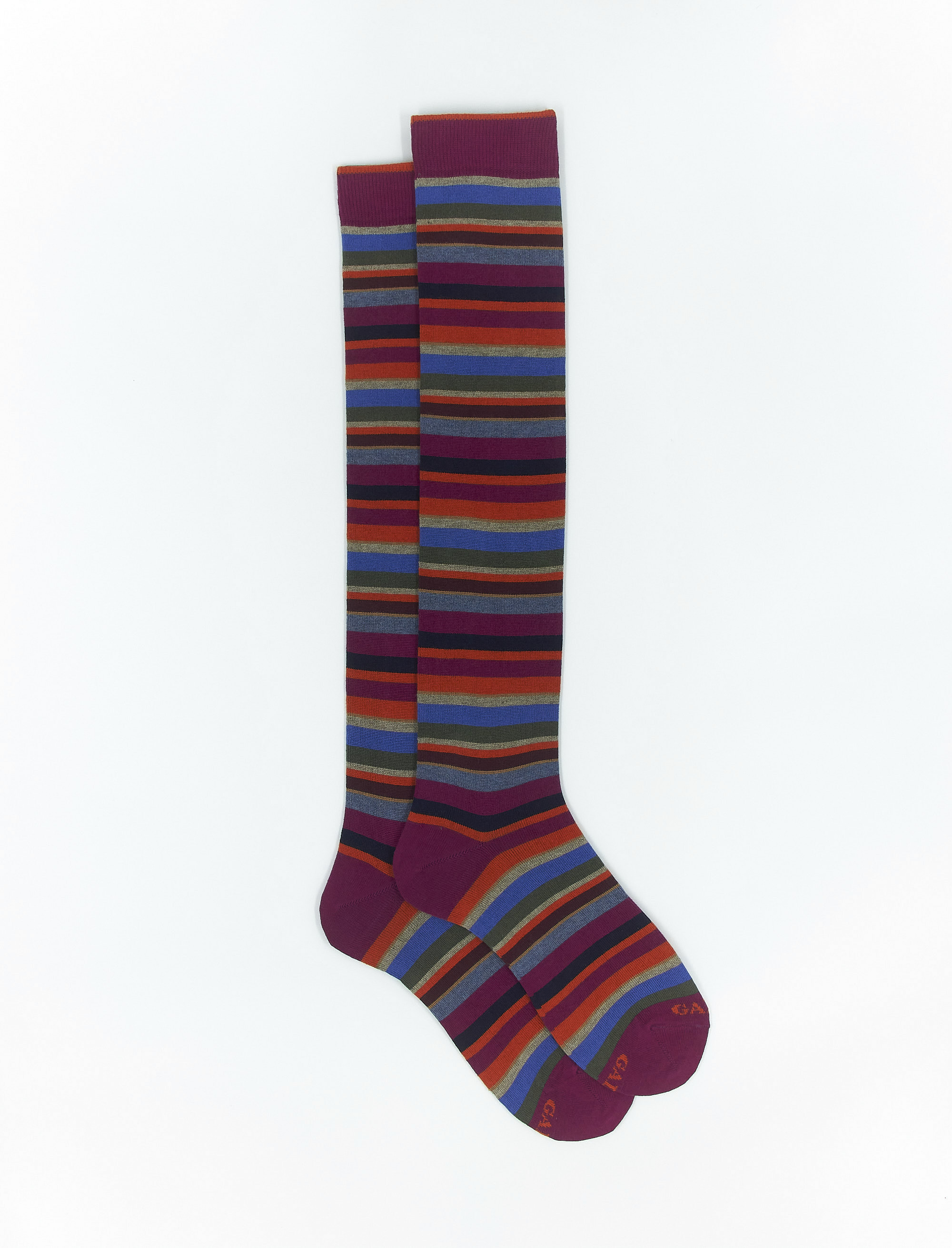 Women's long wine red cotton and cashmere socks with multicoloured micro stripes - Multicolor | Gallo 1927 - Official Online Shop