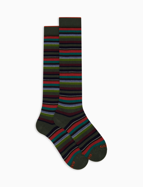 Women's long green cotton and cashmere socks with multicoloured micro stripes - Socks | Gallo 1927 - Official Online Shop