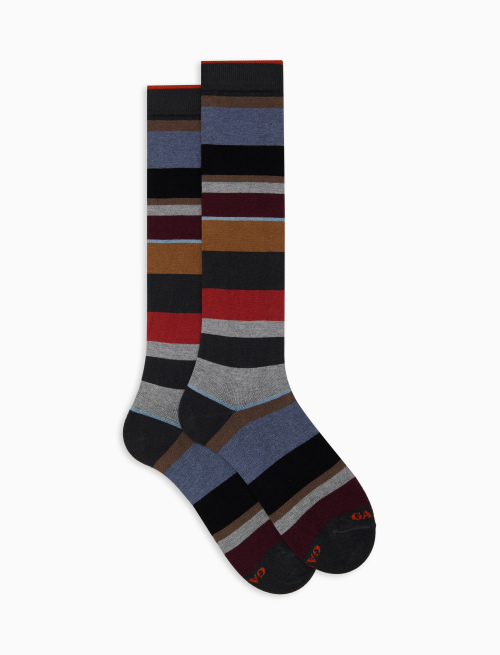 Women's long grey cotton and cashmere socks with multicoloured macro stripes - Socks | Gallo 1927 - Official Online Shop