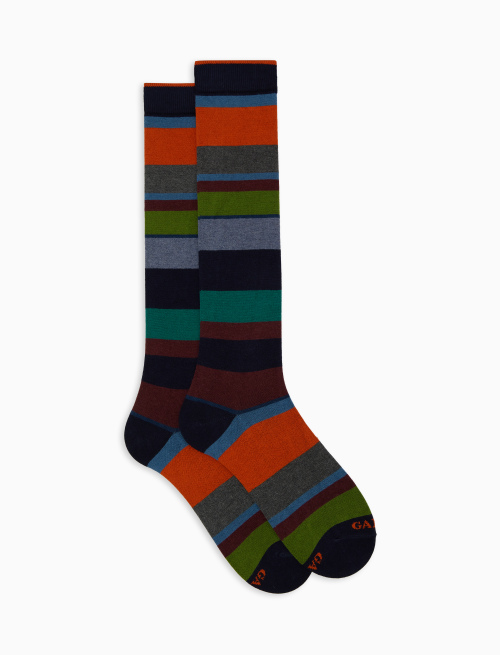 Women's long blue cotton and cashmere socks with multicoloured macro stripes - Woman | Gallo 1927 - Official Online Shop