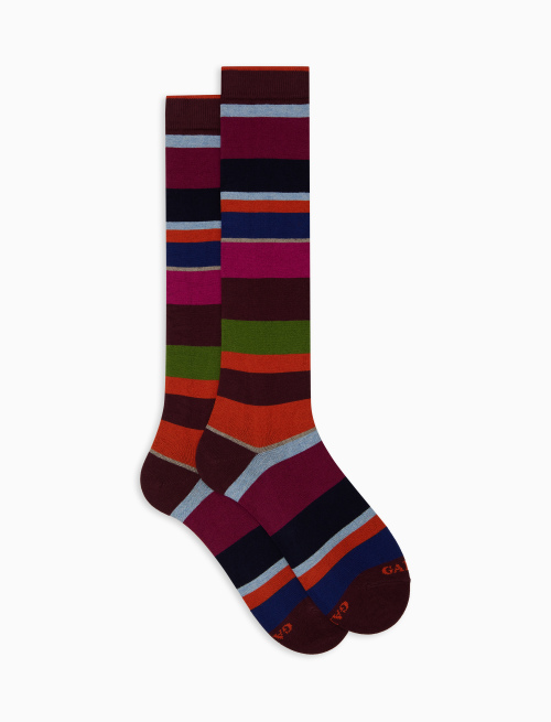 Women's long fuchsia cotton and cashmere socks with multicoloured macro stripes - Socks | Gallo 1927 - Official Online Shop