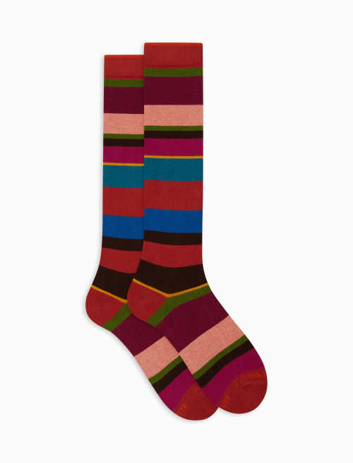 Women's long fuchsia cotton and cashmere socks with multicoloured macro stripes - Woman | Gallo 1927 - Official Online Shop