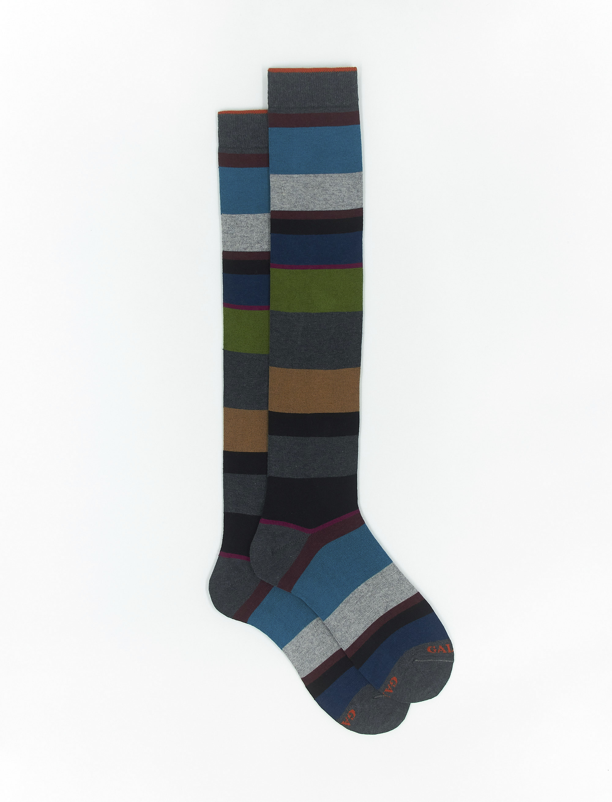Women's long stone grey cotton and cashmere socks with multicoloured macro stripes - Multicolor | Gallo 1927 - Official Online Shop