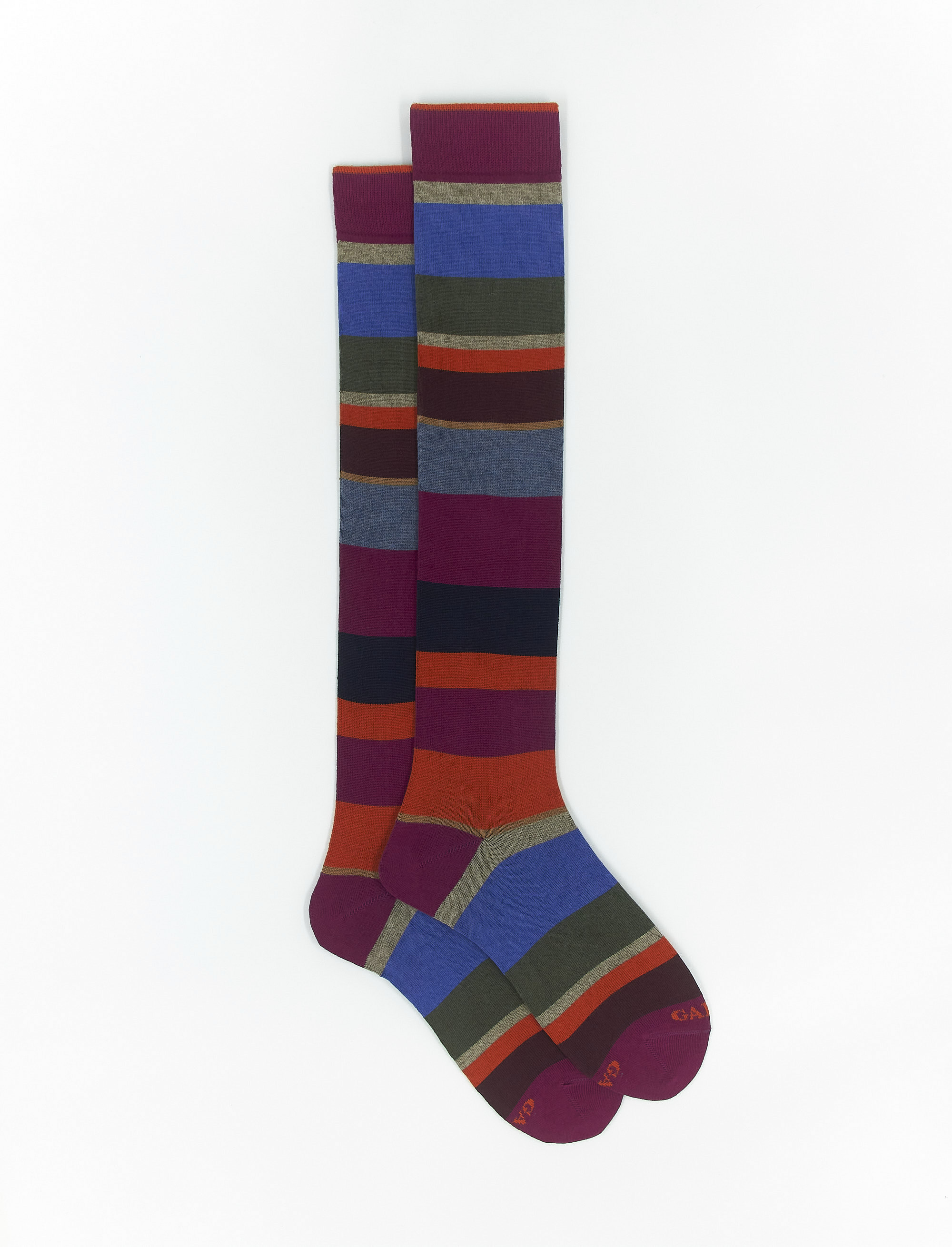 Women's long wine red cotton and cashmere socks with multicoloured macro stripes - Multicolor | Gallo 1927 - Official Online Shop