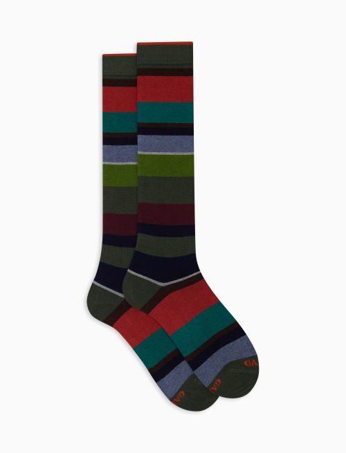 Women's long green cotton and cashmere socks with multicoloured macro stripes - Socks | Gallo 1927 - Official Online Shop