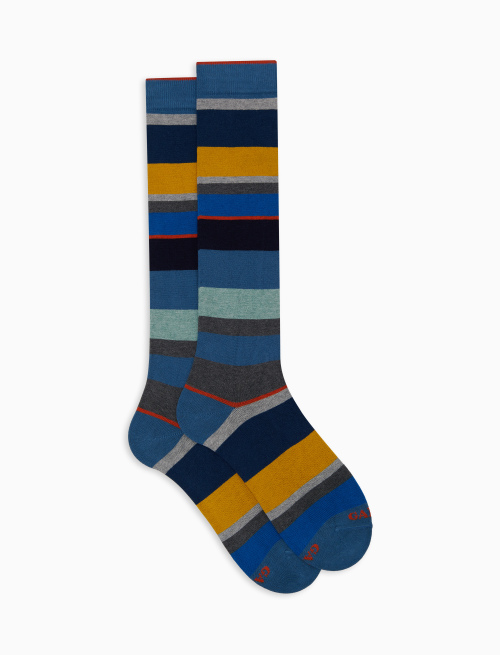 Women's long light blue cotton and cashmere socks with multicoloured macro stripes - Socks | Gallo 1927 - Official Online Shop