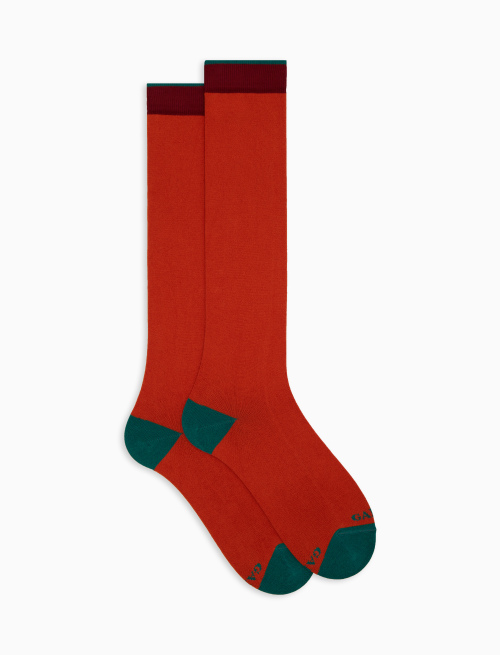 Women's long plain orange cotton and cashmere socks with contrasting details - Socks | Gallo 1927 - Official Online Shop