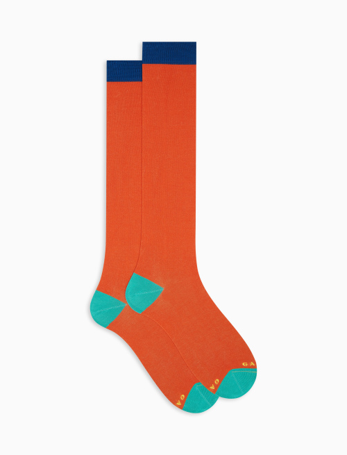 Women's ultra-light long cotton socks in solid pumpkin orange colour and with contrasting detail - Black Friday Woman | Gallo 1927 - Official Online Shop