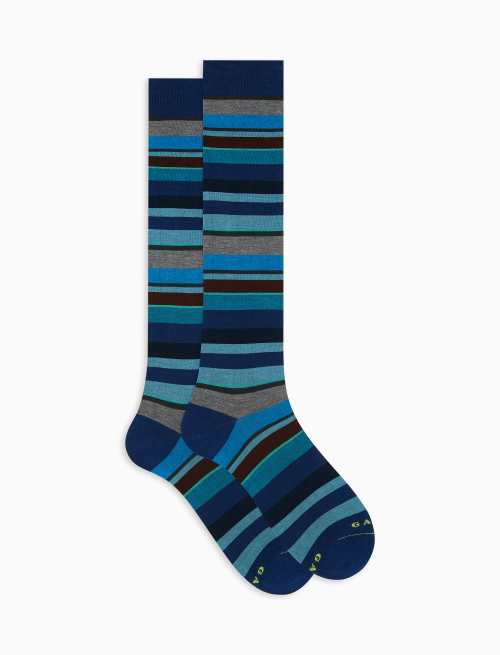 Women's long royal blue ultra-light cotton socks with multicoloured stripes - Woman | Gallo 1927 - Official Online Shop