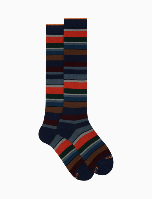 Women's long blue cotton socks with multicoloured stripes - Black Friday | Gallo 1927 - Official Online Shop