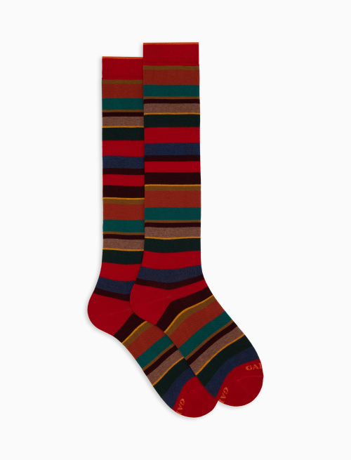 Women's long red cotton socks with multicoloured stripes - Socks | Gallo 1927 - Official Online Shop