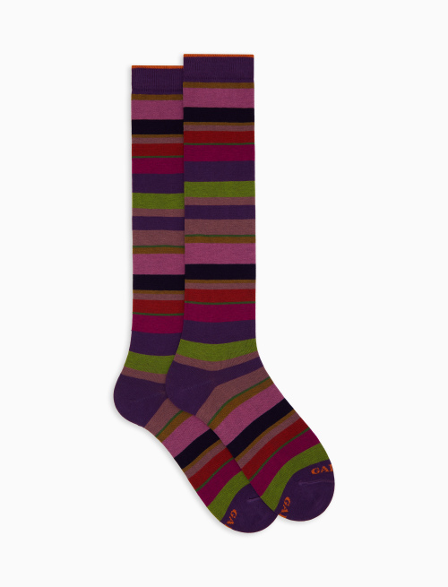 Women's long purple cotton socks with multicoloured stripes - Socks | Gallo 1927 - Official Online Shop