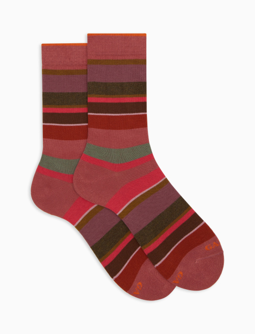 Women's short pink cotton socks with multicoloured stripes - Socks | Gallo 1927 - Official Online Shop