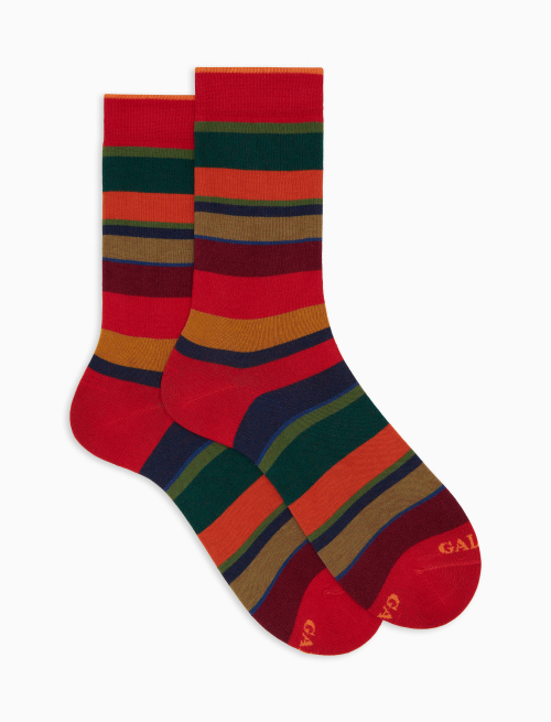 Women's short red cotton socks with multicoloured stripes - Socks | Gallo 1927 - Official Online Shop