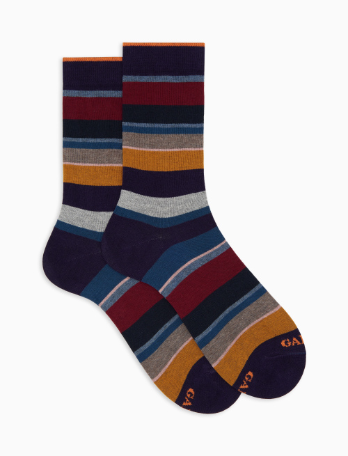 Women's short purple cotton socks with multicoloured stripes - Socks | Gallo 1927 - Official Online Shop