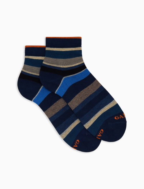 Women's super short blue cotton socks with multicoloured stripes - Super short | Gallo 1927 - Official Online Shop