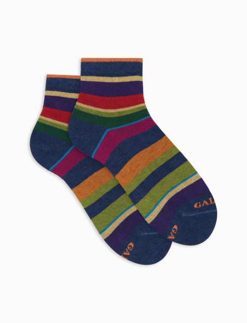 Women's super short blue cotton socks with multicoloured stripes - Woman | Gallo 1927 - Official Online Shop