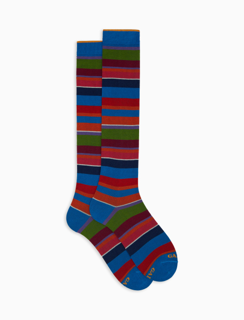 Women's long light blue cotton socks with multicoloured stripes - Long | Gallo 1927 - Official Online Shop