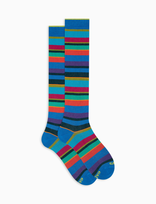 Women's long Aegean blue lightweight cotton socks with multicoloured stripes - Woman | Gallo 1927 - Official Online Shop
