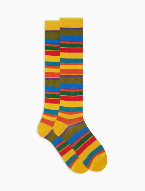 Women's long narcissus yellow lightweight cotton socks with multicoloured stripes - Multicolor | Gallo 1927 - Official Online Shop