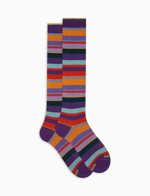 Women's long purple lightweight cotton socks with multicoloured stripes - Multicolor | Gallo 1927 - Official Online Shop