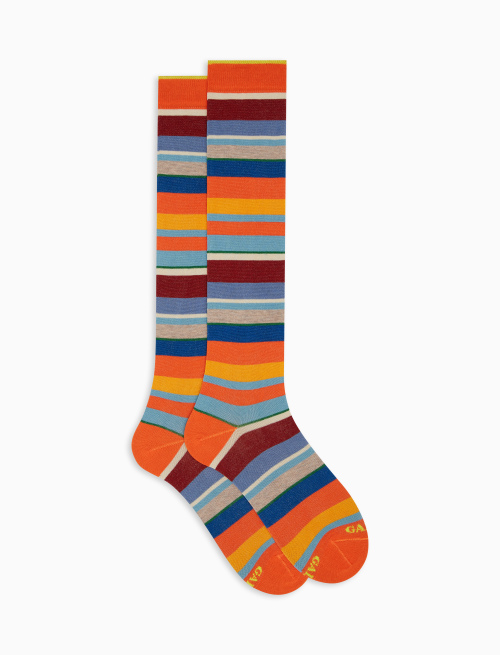Women's long lobster red lightweight cotton socks with multicoloured stripes | Gallo 1927 - Official Online Shop