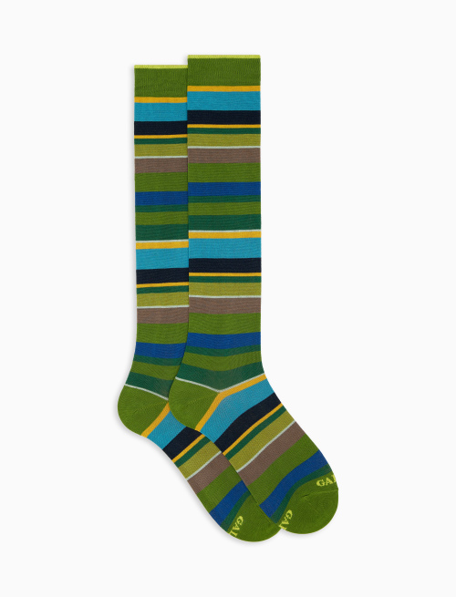 Women's long cactus green lightweight cotton socks with multicoloured stripes - Multicolor | Gallo 1927 - Official Online Shop