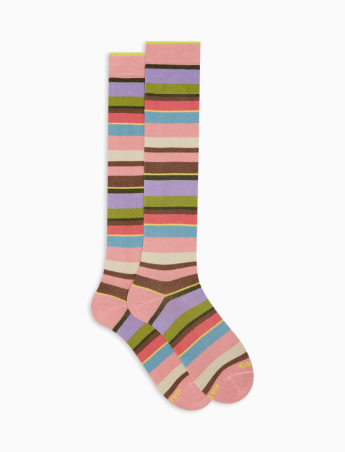 Women's long geranium lightweight cotton socks with multicoloured stripes - Woman | Gallo 1927 - Official Online Shop