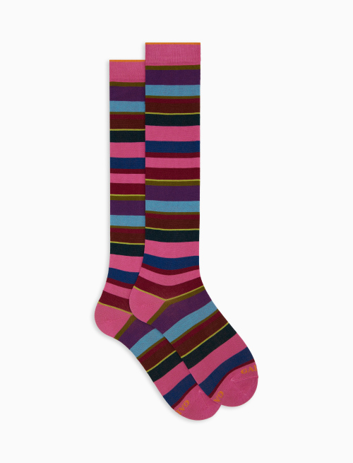 Women's long pink cotton socks with multicoloured stripes - Socks | Gallo 1927 - Official Online Shop