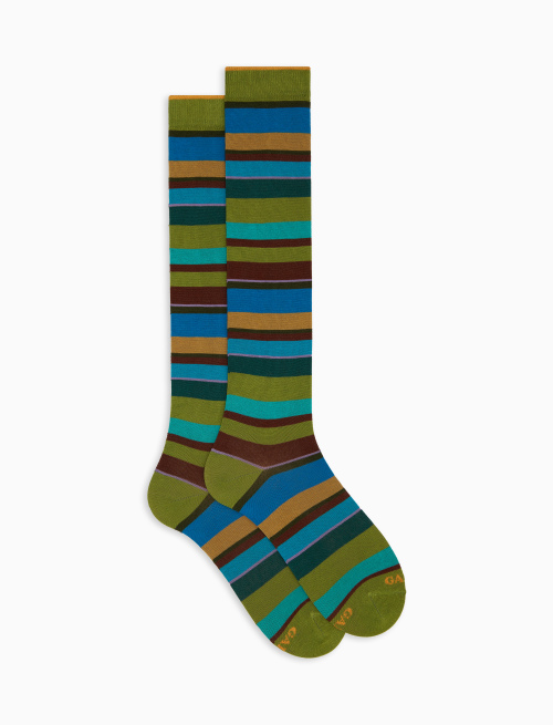 Women's long green cotton socks with multicoloured stripes - Multicolor | Gallo 1927 - Official Online Shop