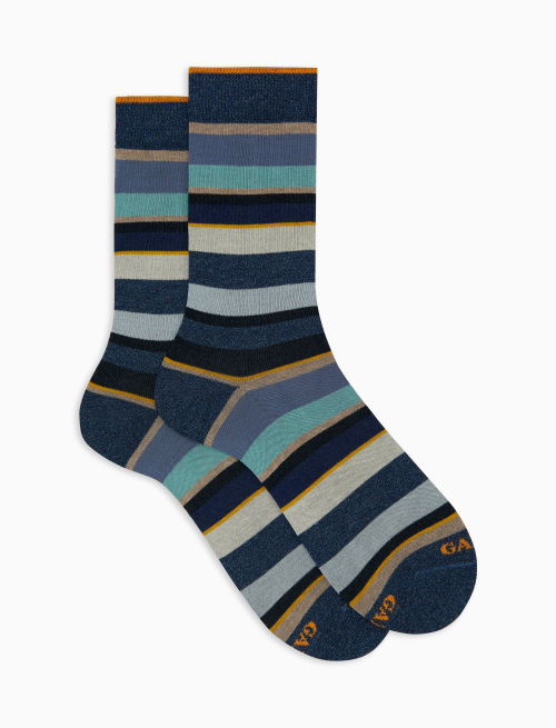 Women's short blue cotton socks with multicoloured stripes - Multicolor | Gallo 1927 - Official Online Shop