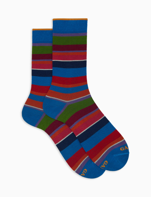 Women's short light blue cotton socks with multicoloured stripes - Multicolor | Gallo 1927 - Official Online Shop