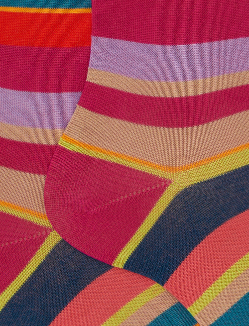 Women's short fuchsia cotton socks with multicoloured stripes - Short | Gallo 1927 - Official Online Shop