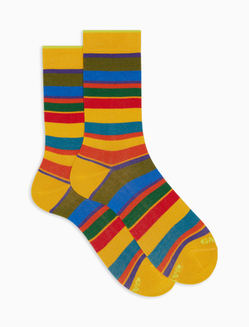 Women's short narcissus yellow lightweight cotton socks with multicoloured stripes - Multicolor | Gallo 1927 - Official Online Shop