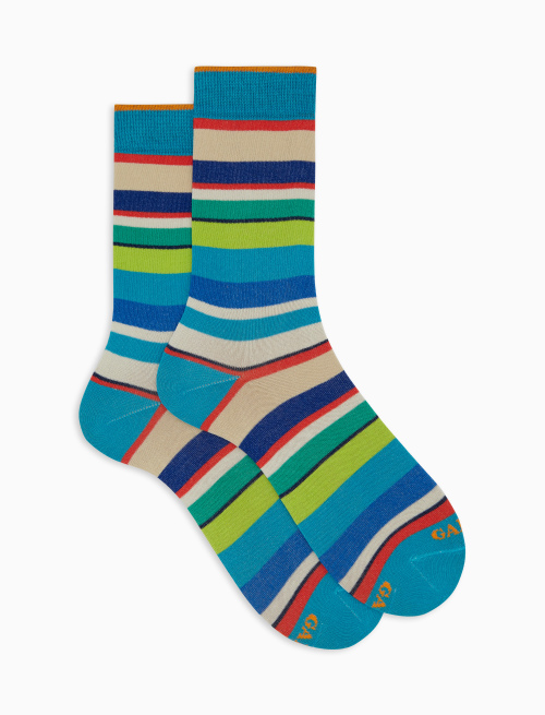 Women's short light blue cotton socks with multicoloured stripes - Woman | Gallo 1927 - Official Online Shop