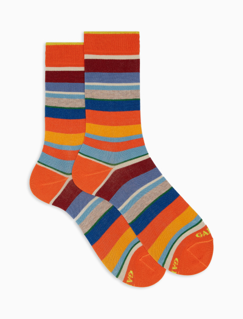 Women's short lobster red lightweight cotton socks with multicoloured stripes - Socks | Gallo 1927 - Official Online Shop