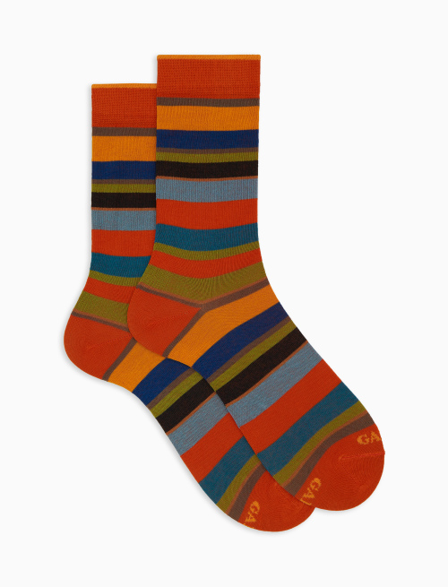 Women's short orange cotton socks with multicoloured stripes - Woman | Gallo 1927 - Official Online Shop