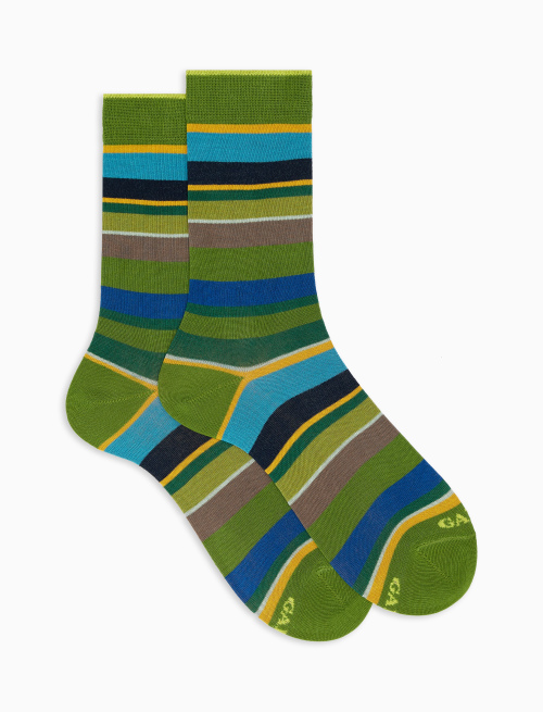 Women's short cactus green lightweight cotton socks with multicoloured stripes - Multicolor | Gallo 1927 - Official Online Shop