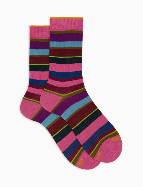 Women's short pink cotton socks with multicoloured stripes - Socks | Gallo 1927 - Official Online Shop